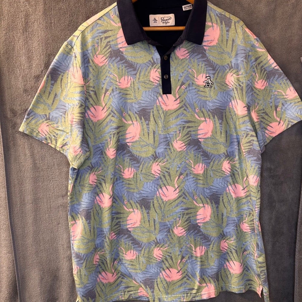 Original Penguin Men's XXL Flamingo Print Polo Shirt Tropical Short Sleeve